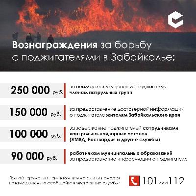 Власти Забайкалья повысили денежные вознаграждения за выявление и задержание поджигателей полей и лесов